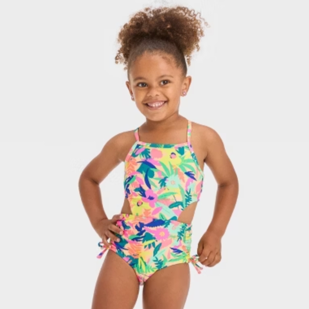 NWT Cat & Jack Tropical Floral Cut Out One Piece Swimsuit Size 12 Months